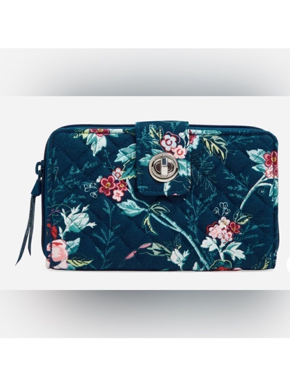 Vera Bradley RFID Turnlock Wallet Dark Blue Floral Rose Toile Cotton